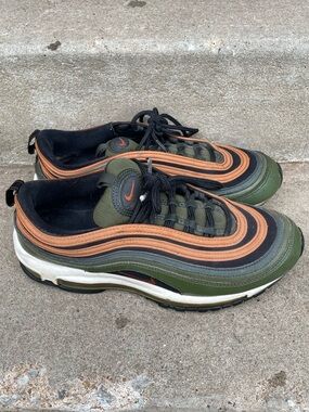 🫒NIKE Air Max 97 Green Brown Black Striped Lace Up Athletic Sneakers *